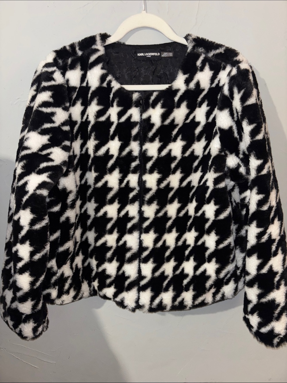 Karl Lagerfeld Black & White Houndstooth Faux Fur Jacket